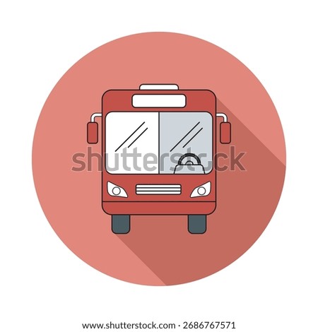 A red bus illustration over a circular red background. Features include a white windshield, headlights, and a visible steering wheel. Design showcases public transport. 200