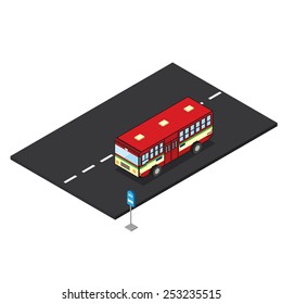 red bus on the road with bus stop sign on white background