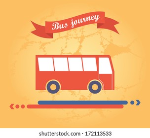 red bus on a yellow background with ribbon and arrow direction of the path 