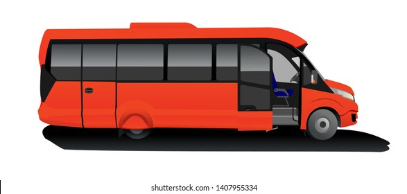 Red Bus with an open door, Side view. Tourist bus. Sightseeing bus. Modern flat Vector illustration on white background.