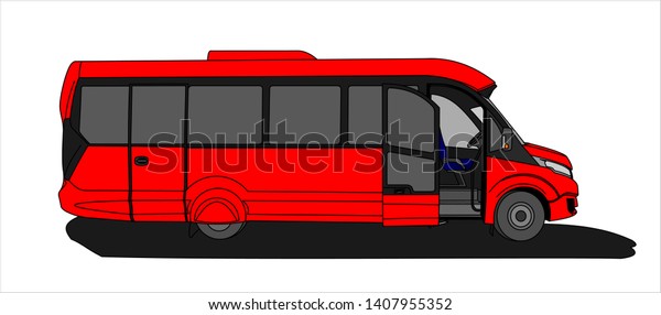 Red\
Bus with an open door, Side view. Tourist bus. Sightseeing bus.\
Modern flat Vector illustration on white\
background.
