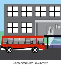 Red bus with passengers arriving at the bus stop