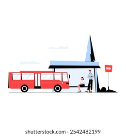 Autobús Rojo Con Pasajeros Esperando En La Parada De Autobús En La Ilustración vectorial Plana Que Simboliza El Transporte Público, Los Viajes Urbanos Y El Acceso A La Comunidad, Aislado Sobre Fondo Blanco.