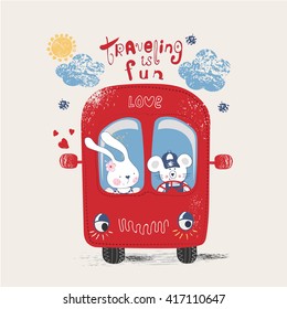 red bus with romantic couple mouse and bunny/ hand drawn vector illustration/can be used for kid's or baby's shirt design/fashion print design/fashion graphic/t-shirt/kids wear /tee