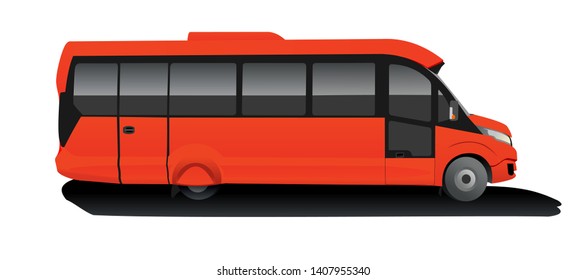 Red Bus, Side view. Tourist bus. Sightseeing bus. Modern flat Vector illustration on white background.