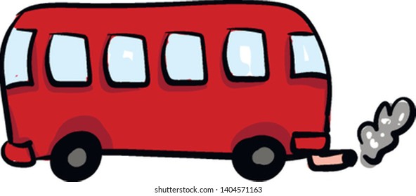 A red bus with six windows and smoke coming out of the rear, vector, color drawing or illustration. 