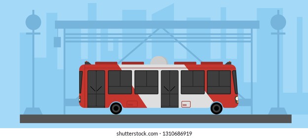 Red bus standing on the road with beautiful background with illustrator design, solid colors applied on the art board. 