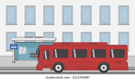 red bus at the bus stop near building side view vector flat illustration