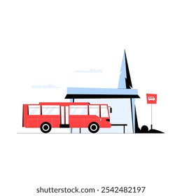 Autobús Rojo En La Parada De Autobús Con Refugio En Una Ilustración vectorial Plana Que Simboliza El Transporte Público, Los Viajes Urbanas Y La Infraestructura De La Ciudad, Aislado Sobre Fondo Blanco.