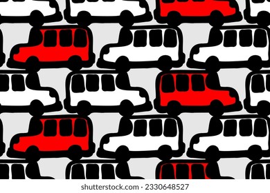 RED BUS, WHITE BUS. BUSES. Traffic. Trendy, stylish, fashionable, seamless vector pattern for design and decoration. 