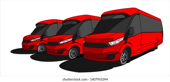 Red Buses to the bus station. Sightseeing, Tourist Buses in the parking lot. Buses for sale. Modern flat Vector illustration on white background.
