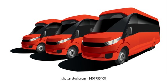 Red Buses to the bus station. Sightseeing, Tourist Buses in the parking lot. Buses for sale. Modern flat Vector illustration on white background.