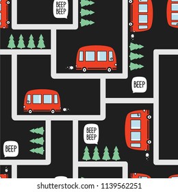 Red buses, fir trees, hand drawn backdrop. Colorful seamless pattern with transport. Decorative cute wallpaper, good for printing. Overlapping colored background vector