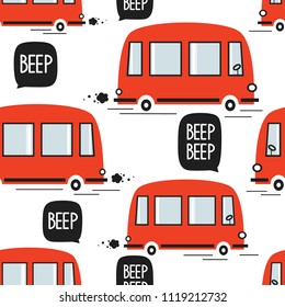 Red buses, hand drawn backdrop. Colorful seamless pattern with transport. Decorative cute wallpaper, good for printing. Overlapping colored background vector