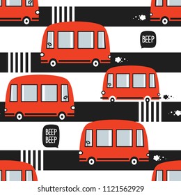 Red buses, hand drawn backdrop. Colorful seamless pattern with transport. Decorative cute wallpaper, good for printing. Overlapping colored background vector