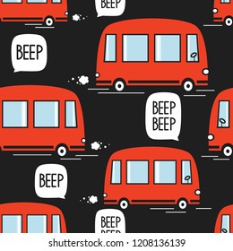 Red buses, hand drawn backdrop. Colorful seamless pattern with transport. Decorative cute wallpaper, good for printing. Overlapping colored background vector