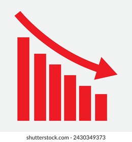 Red business arrow going down. Chart with red down arrow isolated on white background. Falling growth in business. Vector illustration. Eps file 10