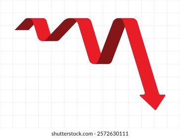 red business arrow graph going down with grid background represents trading loss business decline economic recession and financial deficit, round corder style