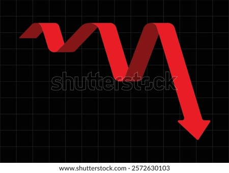 red business arrow graph going down with black background and grid represents trading loss business decline economic recession and financial deficit, round corder style