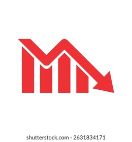 Seta vermelha de negócios com gráfico apontando para baixo. Ilustração de ícone linear de vetor em fundo branco.