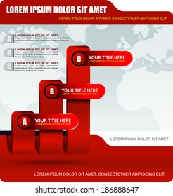 Red business background with three level graph and bookmarks for text content. Can be used for brochure, cover, poster, flyer