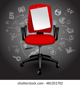 Red business chair with notice paper sheet on hand drawn business icons background. Vector illustration