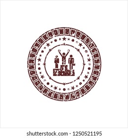 Red business competition, podium icon inside distress rubber stamp with grunge texture