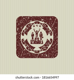 Red business competition, podium icon inside grunge style stamp. 