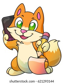 Red business cute kitten calling on a phone or tablet PC and writing with pencil, vector cat illustration, digital artwork.
