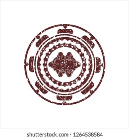 Red business meeting teamwork icon inside distressed rubber seal