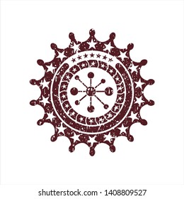 Red business network icon inside distressed with rubber seal texture