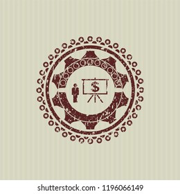 Red business presentation icon inside distressed with rubber seal texture