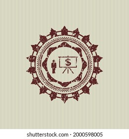Red business presentation icon inside grunge seal. 