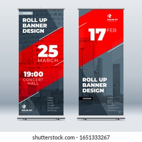 Red Business Roll Up Banner. Abstract Roll up background for Presentation. Vertical roll up, x-stand, exhibition display, Retractable banner stand or flag design layout for conference, forum.
