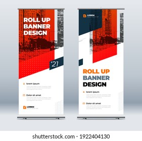 Red Business Roll Up Banner. Abstract Roll up background for Presentation. Vertical roll up, x-stand, exhibition display, Retractable banner stand or flag design layout for conference, forum.