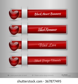 Red business tabs, ribbons, with red glossy heart. Modern vector design elements.