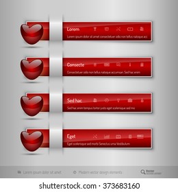 Red business tabs, ribbons, with red glossy heart. Modern vector design elements.