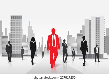 red businessman silhouette, black business people group over city background concept vector illustration 