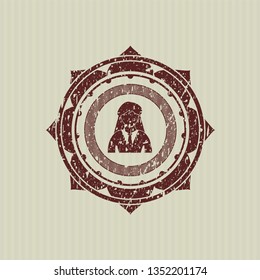 Red businesswoman icon inside distress rubber seal with grunge texture