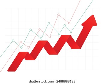 gráfico de flecha roja de negocios, flecha del mercado de valores apuntando hacia arriba, creciendo, gráfico de auge económico con tendencia al alza, beneficios empresariales, subidas del consejo financiero