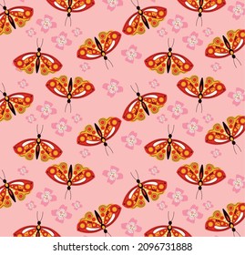 red butterflies group pattern characters