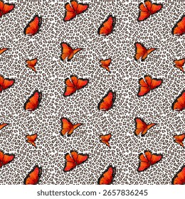 Red butterflies on a spotted background.Vector seamless pattern with red butterflies on a colored spotted background.