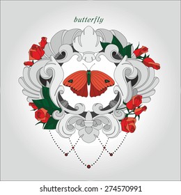 Red butterfly in beautiful frame with roses