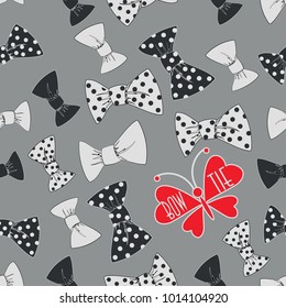 Red butterfly and bow tie. Seamless pattern on a gray background. Design for textiles, gift wrapping decorations.