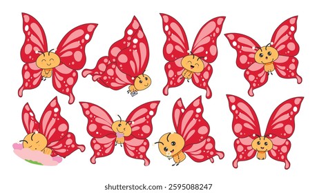 Red butterfly clipart drawing set. Cute 2d butterflies icon clip art in happy, funny, enjoy, flying and sleeping beautiful insect collection sketch doodle outline pattern vector illustration.