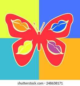 Red butterfly with decorative patterns depicting lips on wings