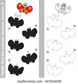 Red butterfly with different shadows to find the correct one. Compare and connect object with it true shadow. Easy educational kid gaming. Simple level of difficulty. Visual game for children.