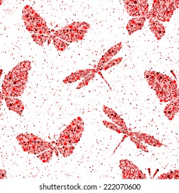 red butterfly and dragonfly on light vector seamless pattern background