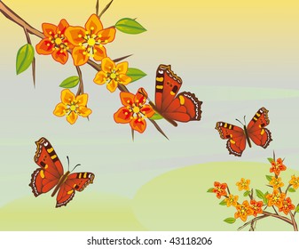 Red butterfly and red flowers. Vector illustration