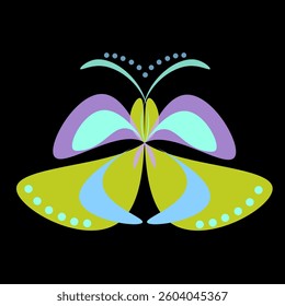 Red butterfly isolated on black background top view.  Red butterfly with yellow spots as an element for design.
